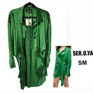 SER.O.YA - Ladies Demi Silk Satin Long sleeve dress - Green. Size: S. NWT